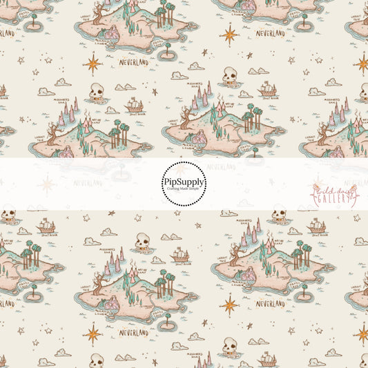 These adventure maps on cream fabric by the yard features islands, boats, skulls, and compasses on cream.