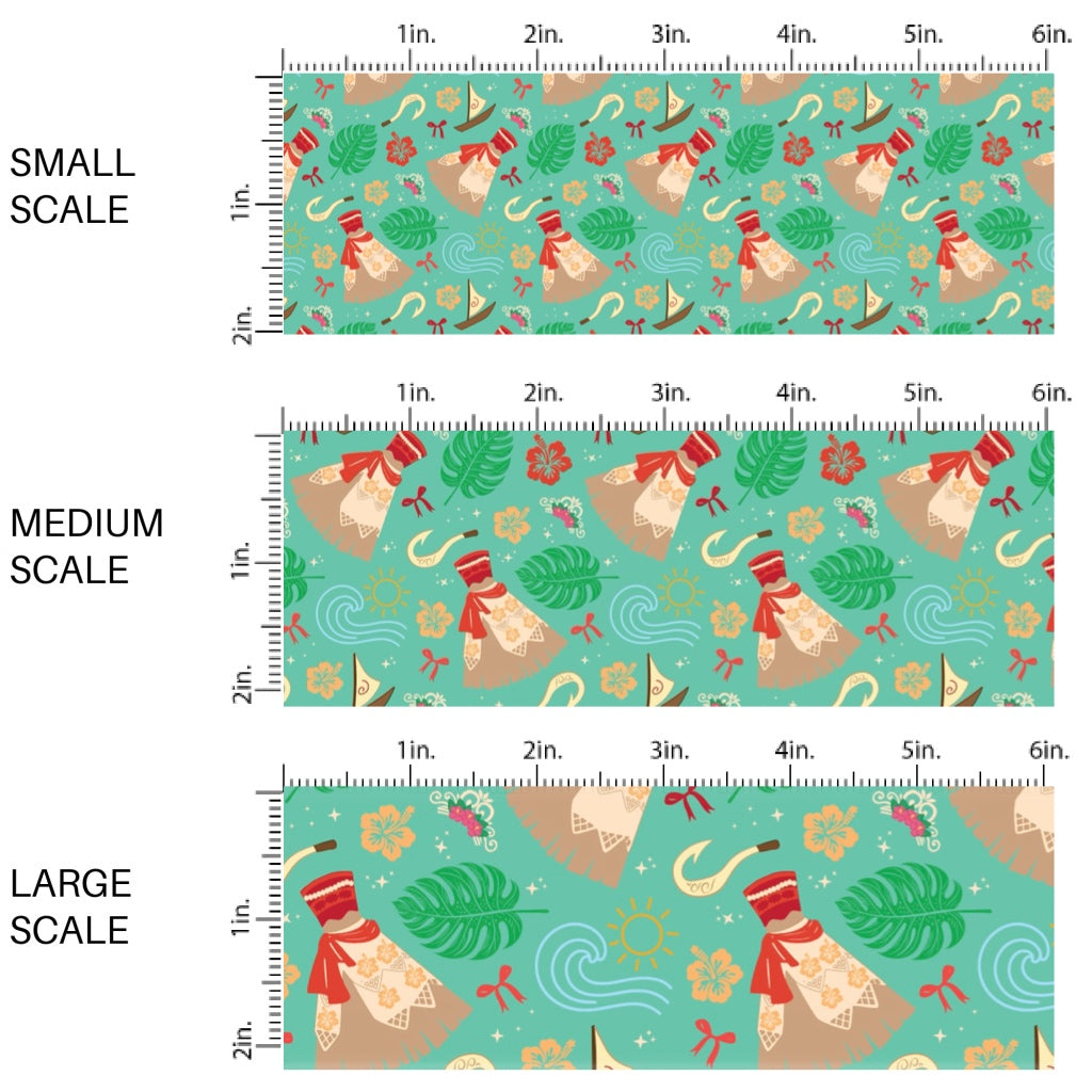 These magical princess themed fabric by the yard features dresses, tropical flowers, and Maui's hook. This fun pattern fabric can be used for all your sewing and crafting needs!