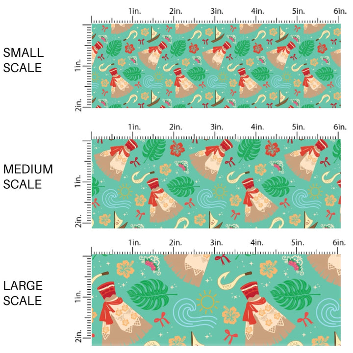 These magical princess themed fabric by the yard features dresses, tropical flowers, and Maui's hook. This fun pattern fabric can be used for all your sewing and crafting needs!