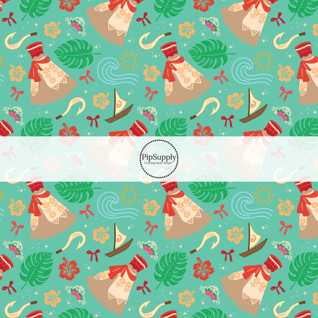 These magical princess themed fabric by the yard features dresses, tropical flowers, and Maui's hook. This fun pattern fabric can be used for all your sewing and crafting needs!