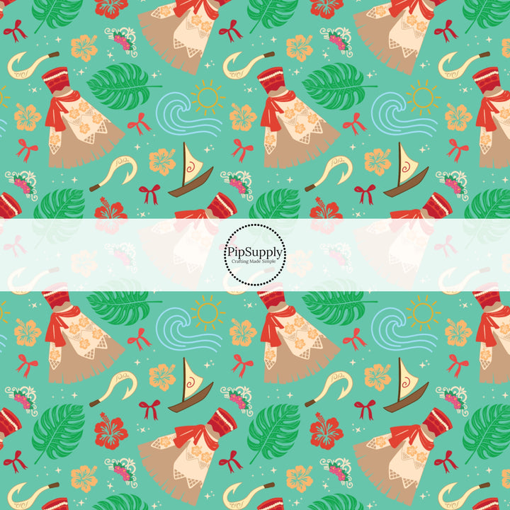 These magical princess themed fabric by the yard features dresses, tropical flowers, and Maui's hook. This fun pattern fabric can be used for all your sewing and crafting needs!