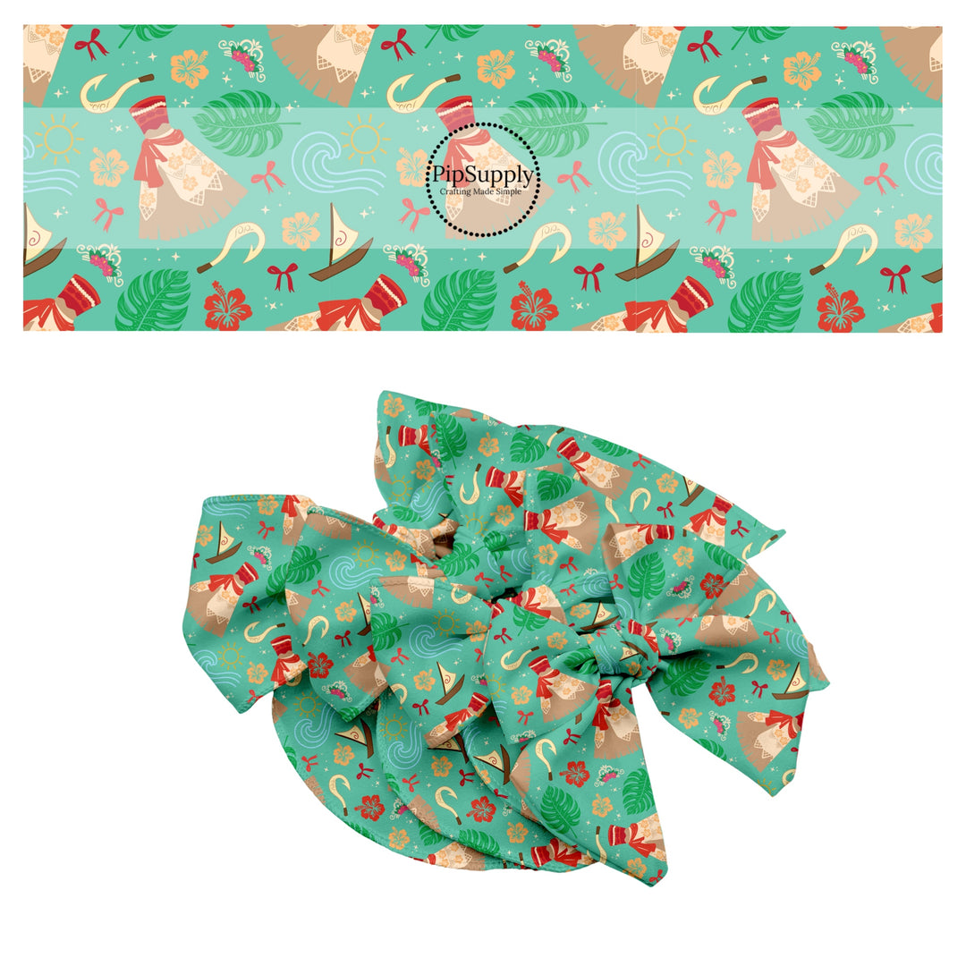 These magical princess themed no sew bow strips can be easily tied and attached to a clip for a finished hair bow. These bow strips are great for personal use or to sell. These bow strips feature the following design elements: dresses, tropical flowers, and Maui's hook.