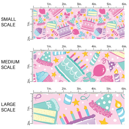 This scale chart of small scale, medium scale, and large scale of this celebration fabric by the yard features birthday cake, balloons, and candles on light pink. This fun themed fabric can be used for all your sewing and crafting needs!