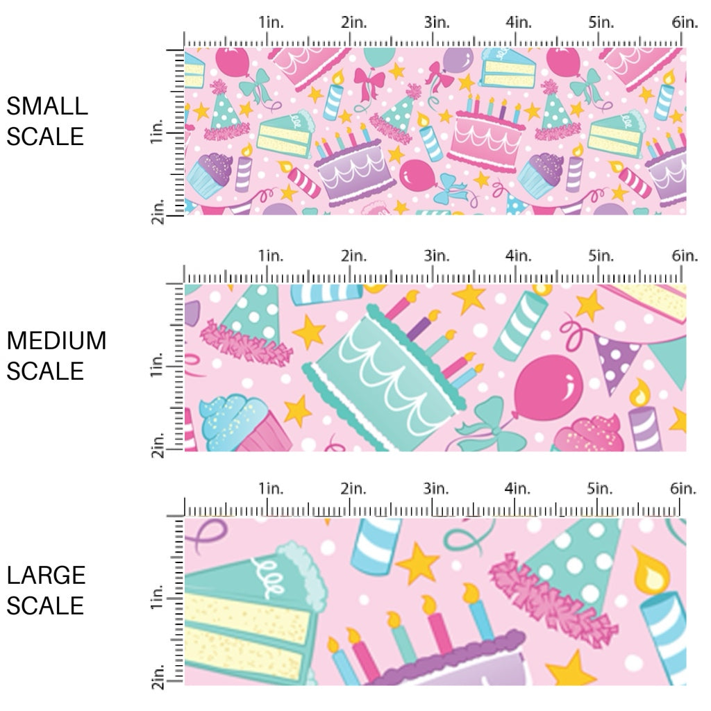 This scale chart of small scale, medium scale, and large scale of this celebration fabric by the yard features birthday cake, balloons, and candles on light pink. This fun themed fabric can be used for all your sewing and crafting needs!