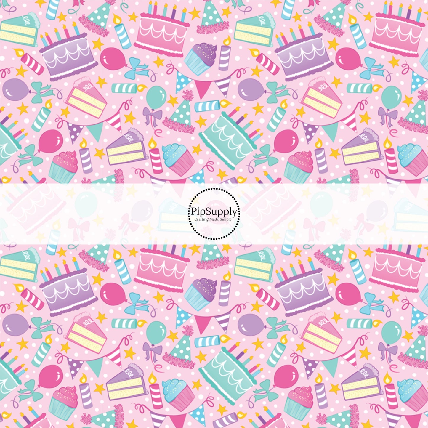 This celebration fabric by the yard features birthday cake, balloons, and candles on light pink. This fun themed fabric can be used for all your sewing and crafting needs!