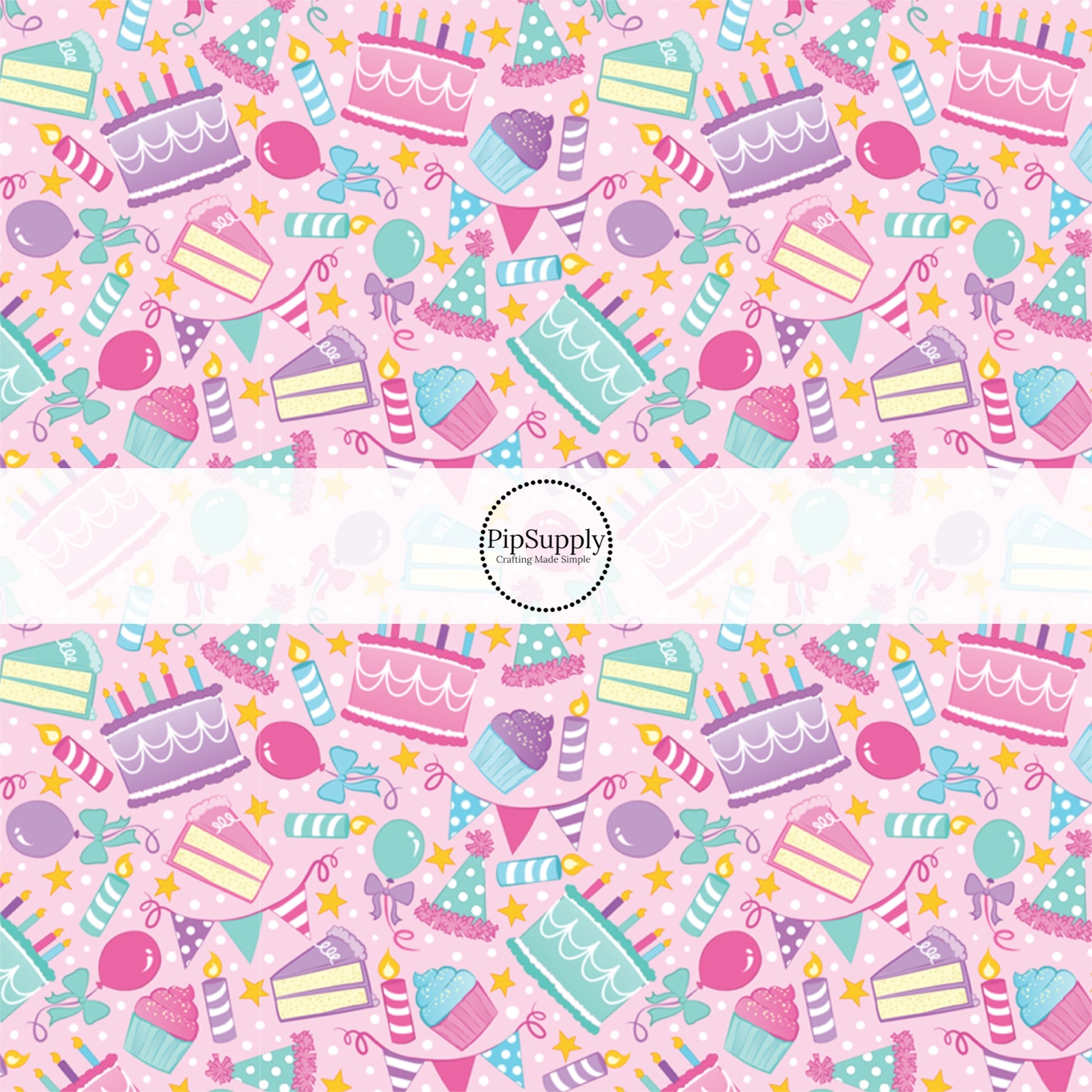 This celebration fabric by the yard features birthday cake, balloons, and candles on light pink. This fun themed fabric can be used for all your sewing and crafting needs!