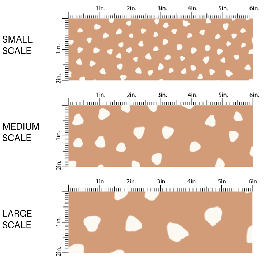 This scale chart of small scale, medium scale, and large scale of these speckled themed fabric by the yard features small cream speckled dots on tan. This fun dotted themed fabric can be used for all your sewing and crafting needs! 