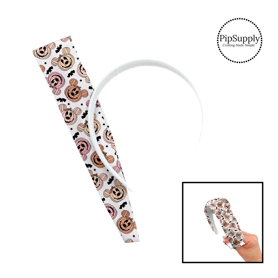 Pink and orange mouse pumpkins and black mouse bats on white knotted headband kit