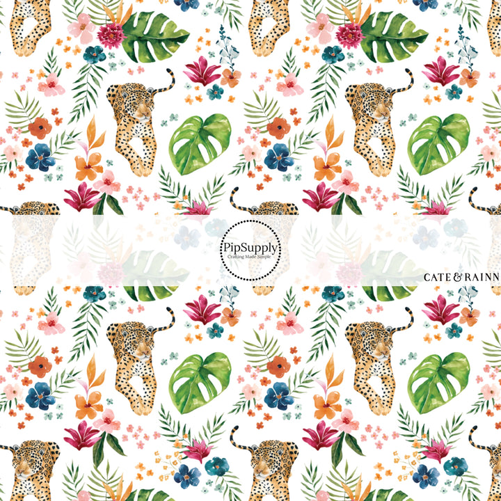 These jungle pattern fabric by the yard features tropical jaguars. This fun fabric can be used for all your sewing and crafting needs!