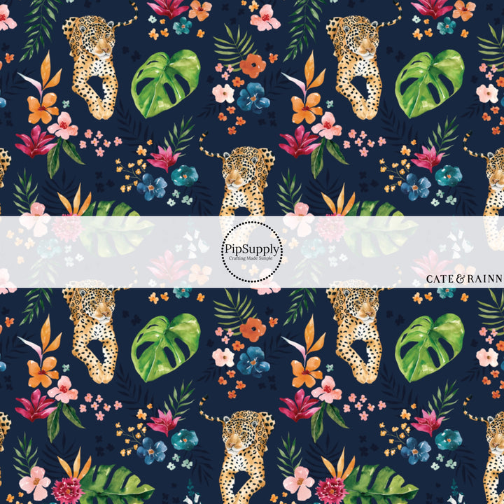 These jungle pattern fabric by the yard features tropical jaguars. This fun fabric can be used for all your sewing and crafting needs!