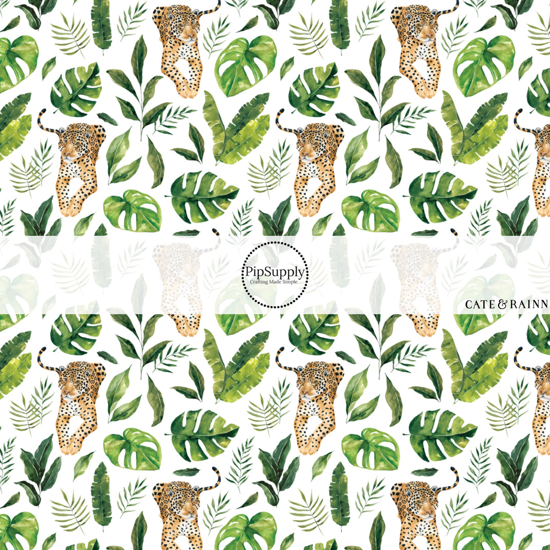 These jungle pattern fabric by the yard features tropical jaguars. This fun fabric can be used for all your sewing and crafting needs!