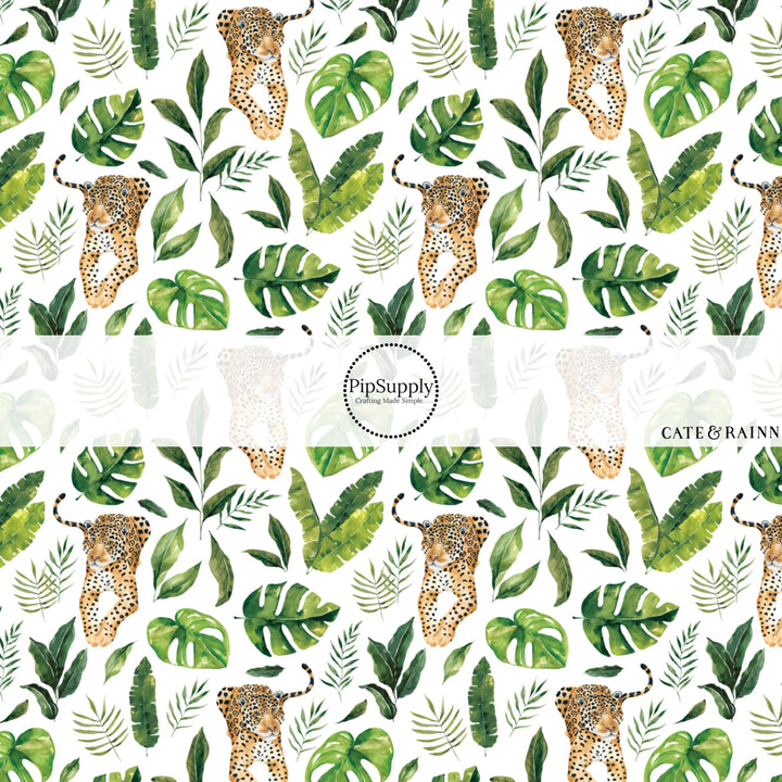 These jungle pattern fabric by the yard features tropical jaguars. This fun fabric can be used for all your sewing and crafting needs!