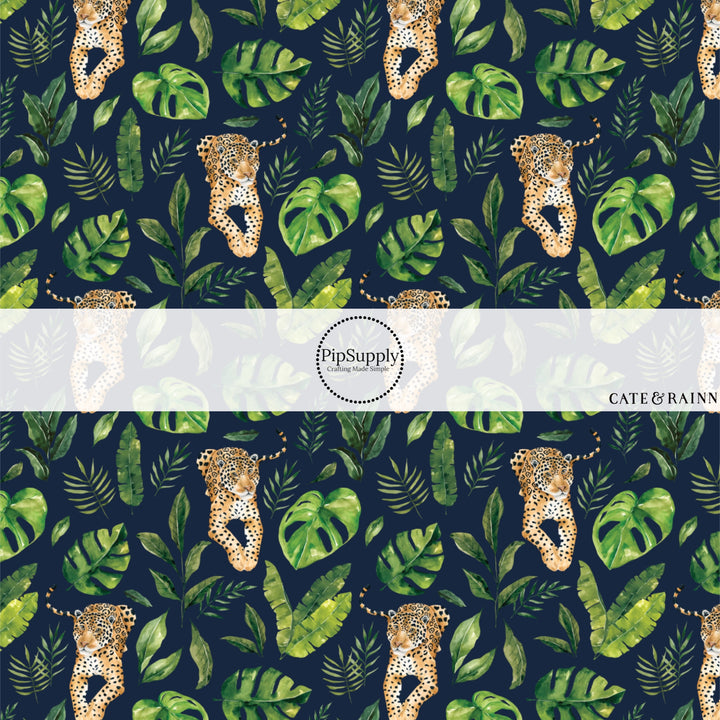 These jungle pattern faux leather sheets contain the following design elements: tropical jaguars. Our CPSIA compliant faux leather sheets or rolls can be used for all types of crafting projects.