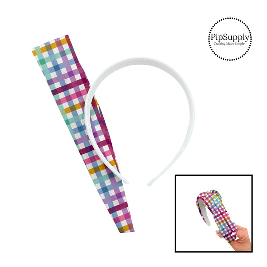 Pink, purple, blue, yellow, and green plaid on white knotted headband kit