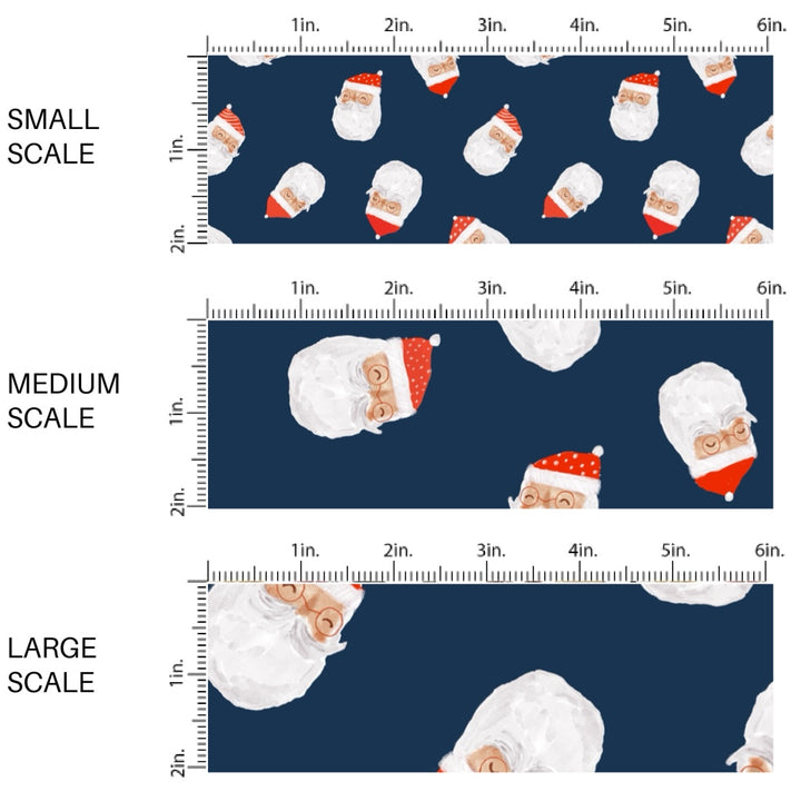 These Christmas Santa themed pattern fabric by the yard features the following design elements: Santa on navy. This fun themed fabric can be used for all your sewing and crafting needs!