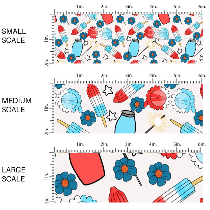 This scale chart of small scale, medium scale, and large scale of this 4th of July fabric by the yard features patriotic sunglasses, popsicles, sunglasses, sparklers, and daisies. This fun patriotic themed fabric can be used for all your sewing and crafting needs!