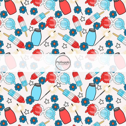 This 4th of July fabric by the yard features patriotic sunglasses, popsicles, sunglasses, sparklers, and daisies. This fun patriotic themed fabric can be used for all your sewing and crafting needs!