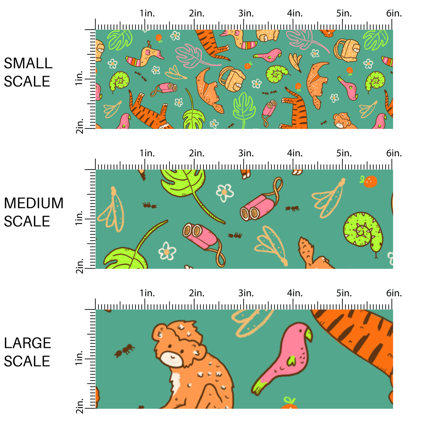 This scale chart of small scale, medium scale, and large scale of these jungle animal themed green fabric by the yard features lions, birds, snakes, monkeys, toucans, bananas, leaves and flowers. 