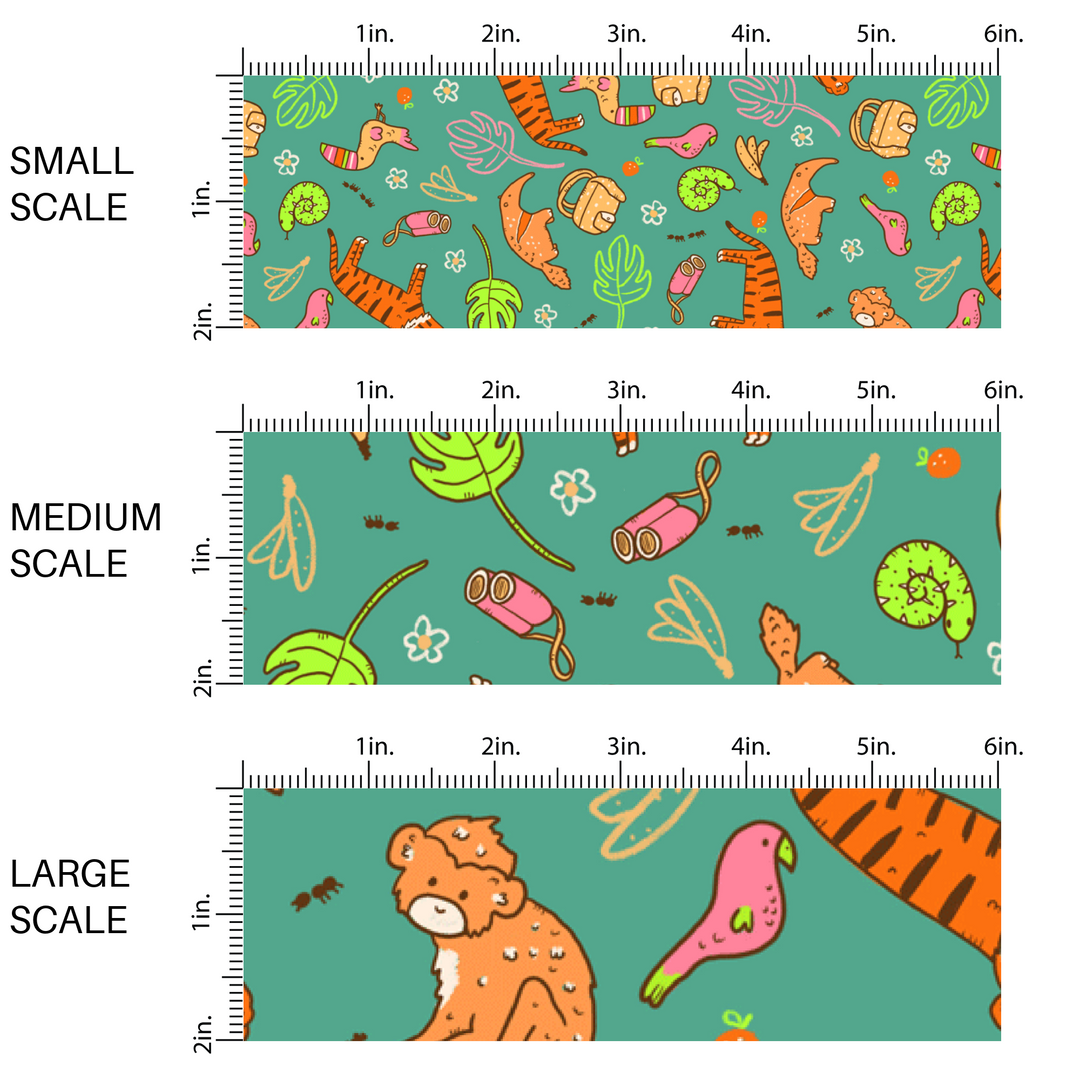 This scale chart of small scale, medium scale, and large scale of these jungle animal themed green fabric by the yard features lions, birds, snakes, monkeys, toucans, bananas, leaves and flowers. 