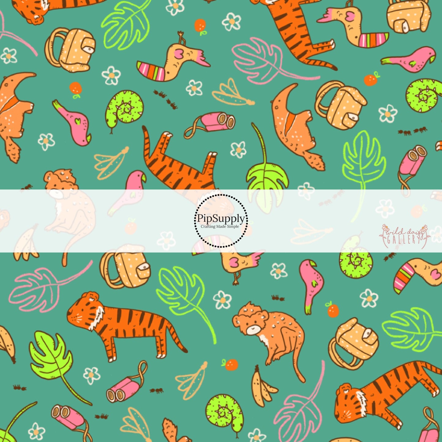 These jungle animal themed green fabric by the yard features lions, birds, snakes, monkeys, toucans, bananas, leaves and flowers. 