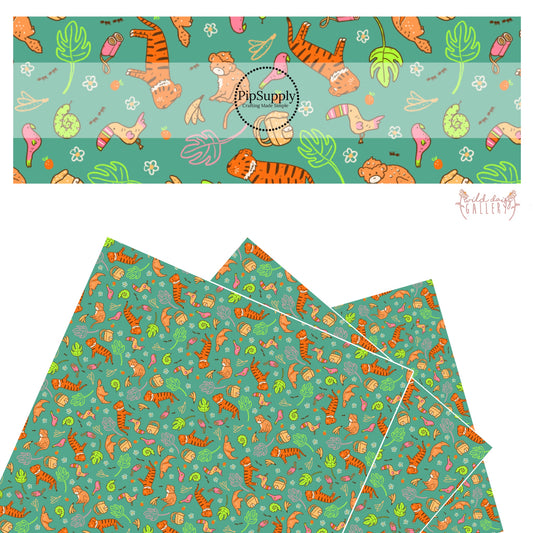 These jungle animal themed green faux leather sheets contain the following design elements: lions, birds, snakes, monkeys, toucans, bananas, leaves and flowers. 