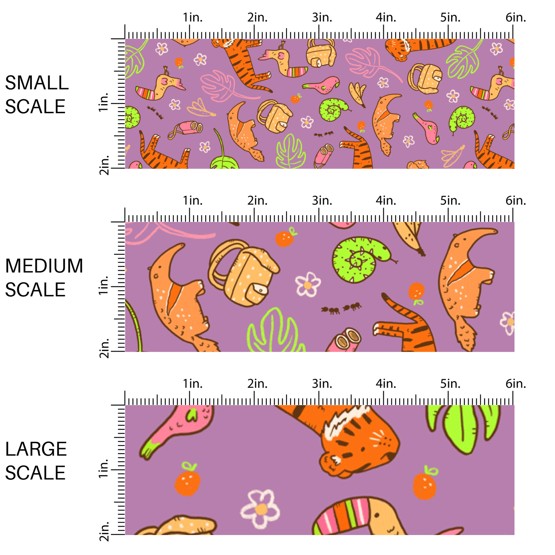 This scale chart of small scale, medium scale, and large scale of these jungle animal themed purple fabric by the yard features lions, birds, snakes, monkeys, toucans, bananas, leaves and flowers.