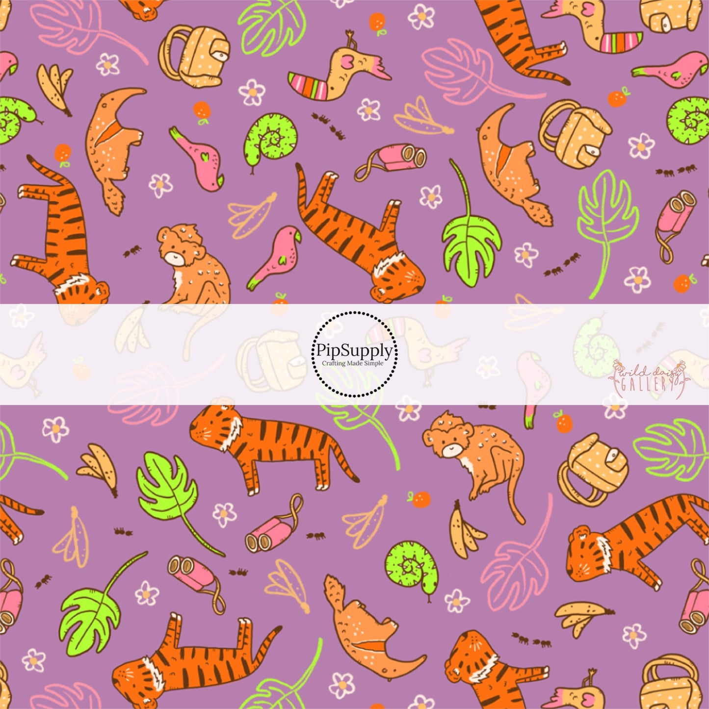 These jungle animal themed purple fabric by the yard features lions, birds, snakes, monkeys, toucans, bananas, leaves and flowers.