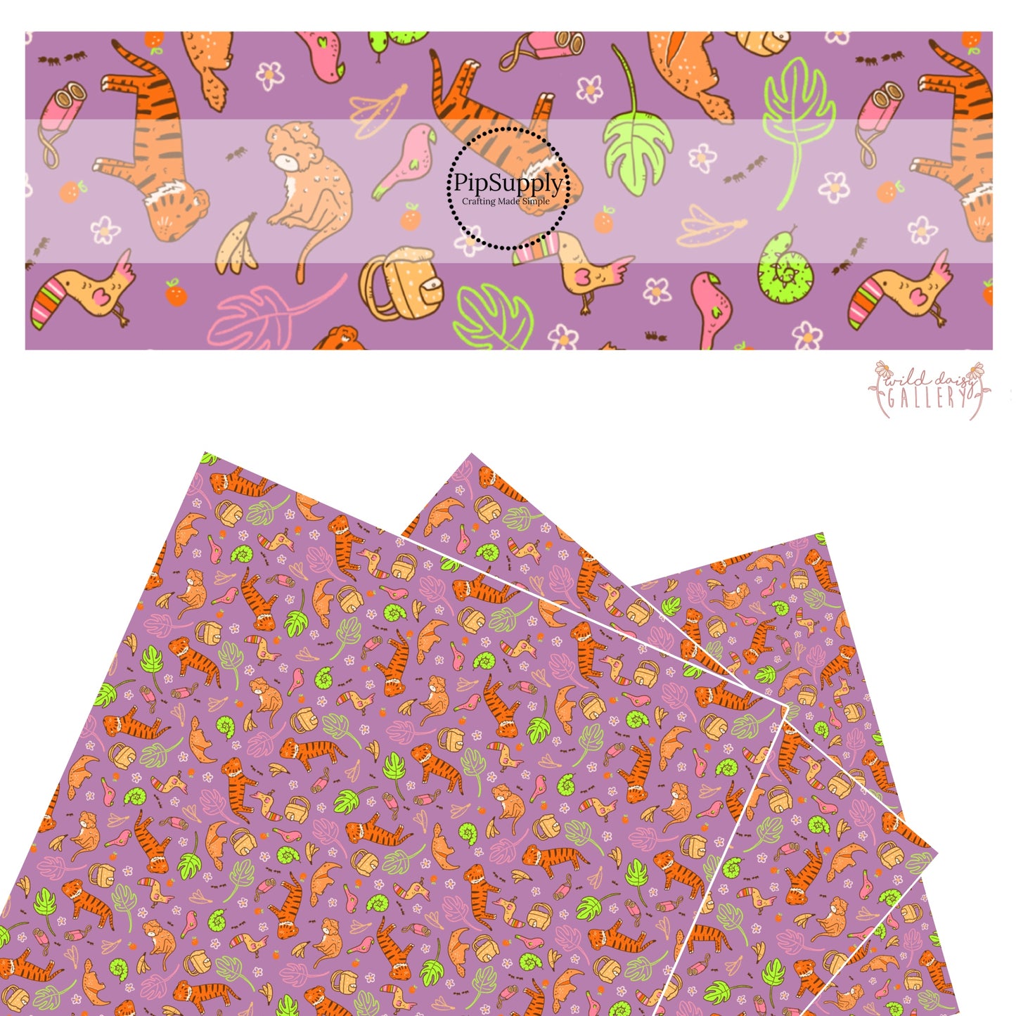 These jungle animal themed purple faux leather sheets contain the following design elements: lions, birds, snakes, monkeys, toucans, bananas, leaves and flowers. 