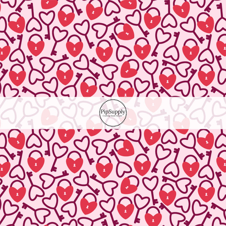 This holiday fabric by the yard features love locks on pink. This festive pattern fabric can be used for all your sewing and crafting needs!