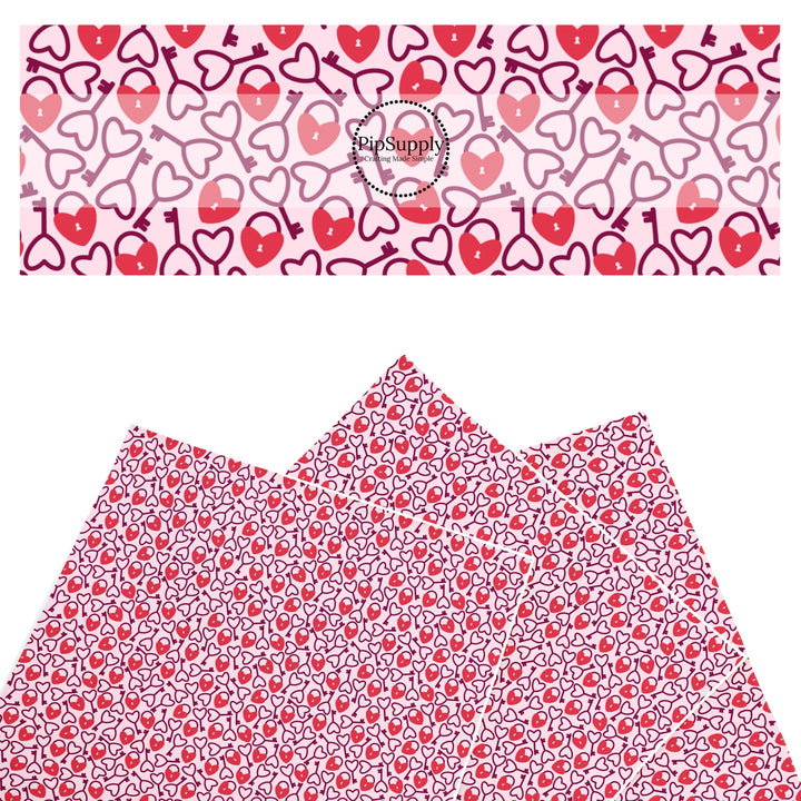 These holiday faux leather sheets contain the following design elements: love locks on pink. Our CPSIA compliant faux leather sheets or rolls can be used for all types of crafting projects.