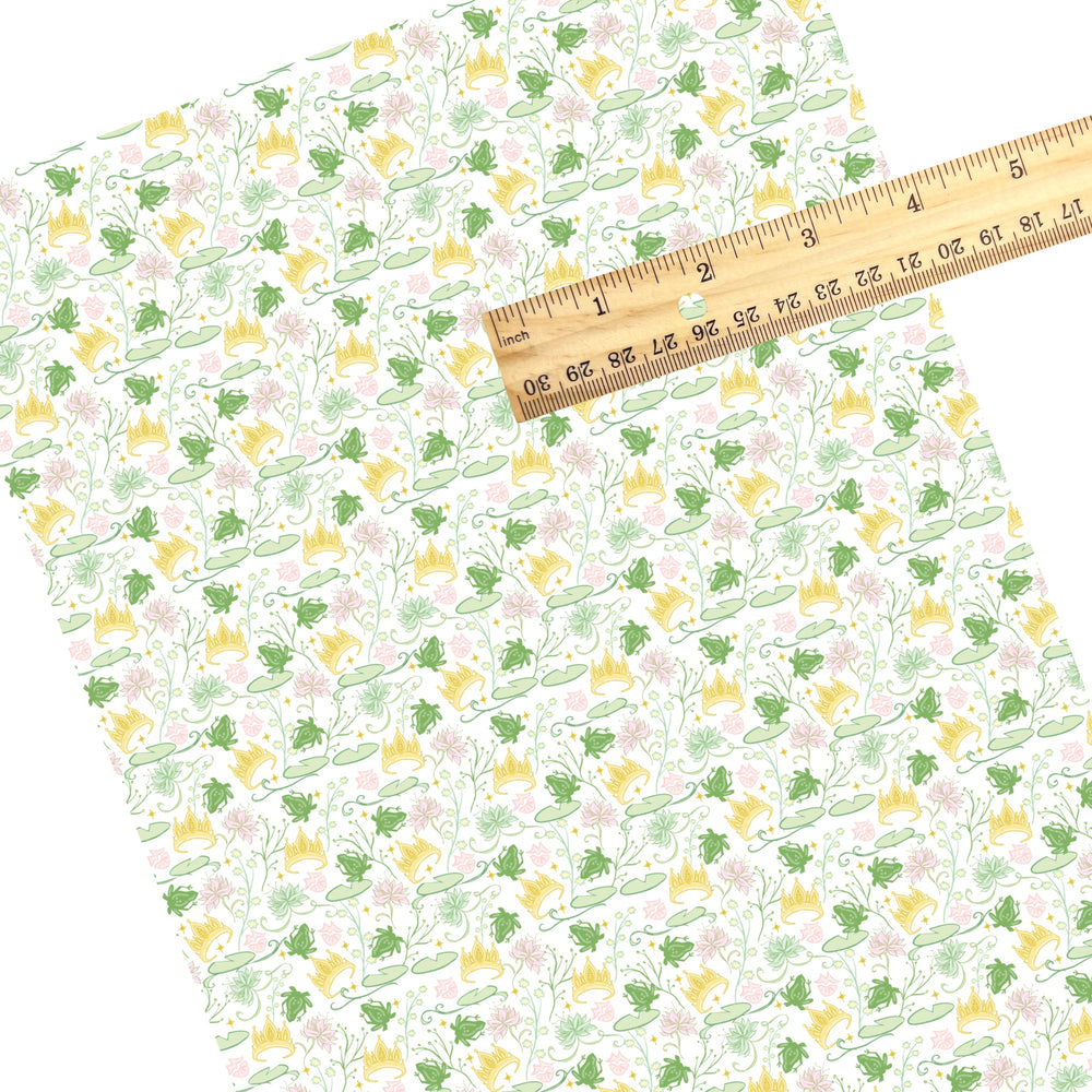 These magical princess themed faux leather sheets contain the following design elements: crowns, frogs, and water lily pads. Our CPSIA compliant faux leather sheets or rolls can be used for all types of crafting projects.