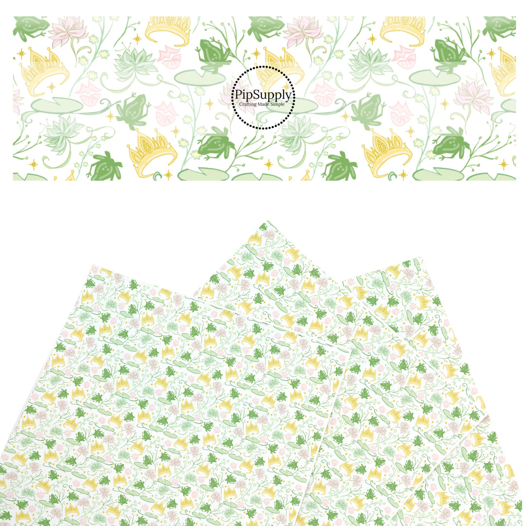 These magical princess themed faux leather sheets contain the following design elements: crowns, frogs, and water lily pads. Our CPSIA compliant faux leather sheets or rolls can be used for all types of crafting projects.