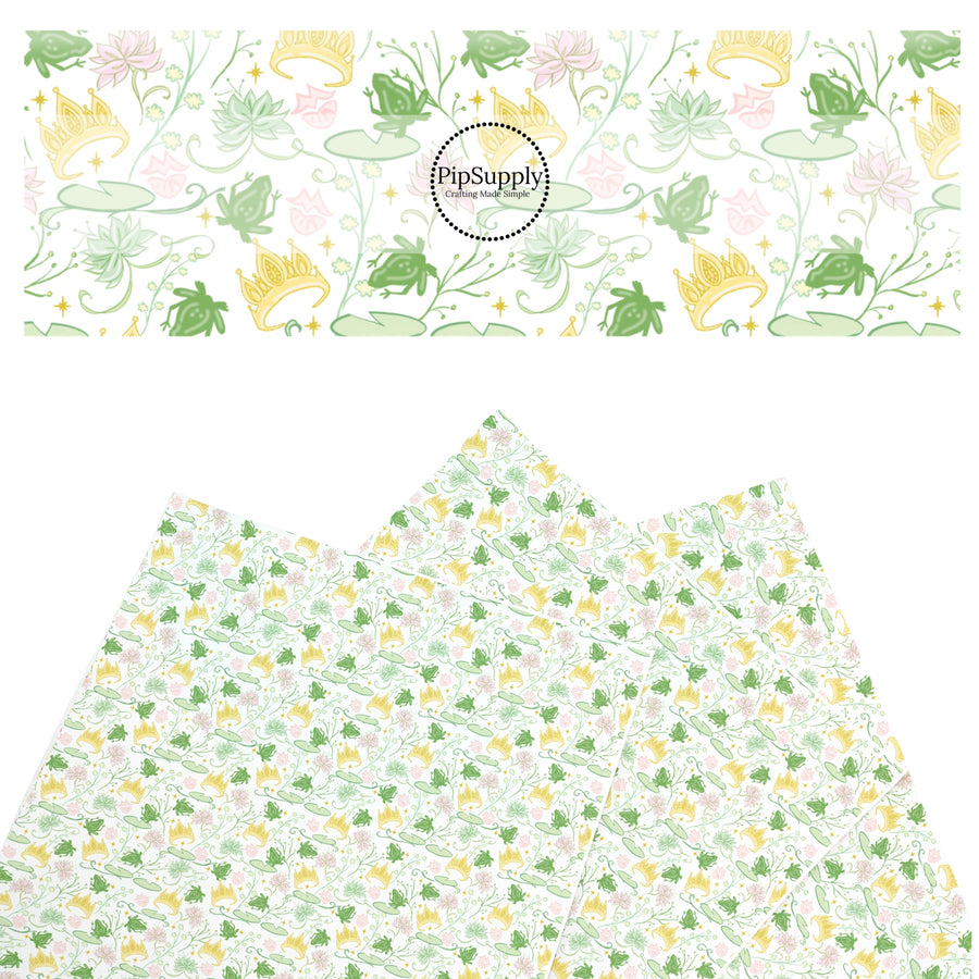 These magical princess themed faux leather sheets contain the following design elements: crowns, frogs, and water lily pads. Our CPSIA compliant faux leather sheets or rolls can be used for all types of crafting projects.