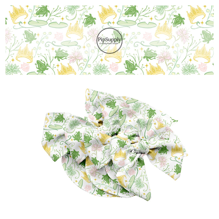 These magical princess themed no sew bow strips can be easily tied and attached to a clip for a finished hair bow. These bow strips are great for personal use or to sell. These bow strips feature the following design elements: crowns, frogs, and water lily pads.