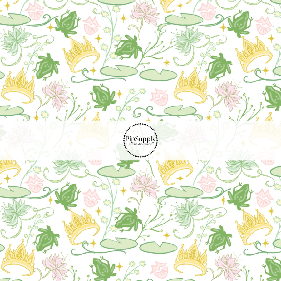 These magical princess themed no sew bow strips can be easily tied and attached to a clip for a finished hair bow. These bow strips are great for personal use or to sell. These bow strips feature the following design elements: crowns, frogs, and water lily pads.