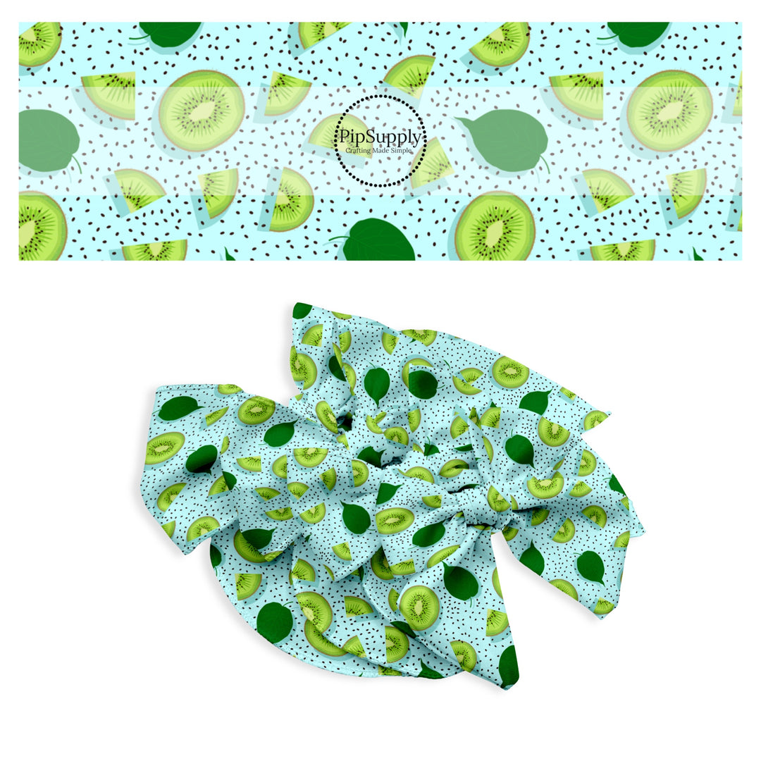 These fruit themed no sew bow strips can be easily tied and attached to a clip for a finished hair bow. These bow strips are great for personal use or to sell. These bow strips feature the following design elements: sliced kiwi surrounded by seeds and leaves on blue.