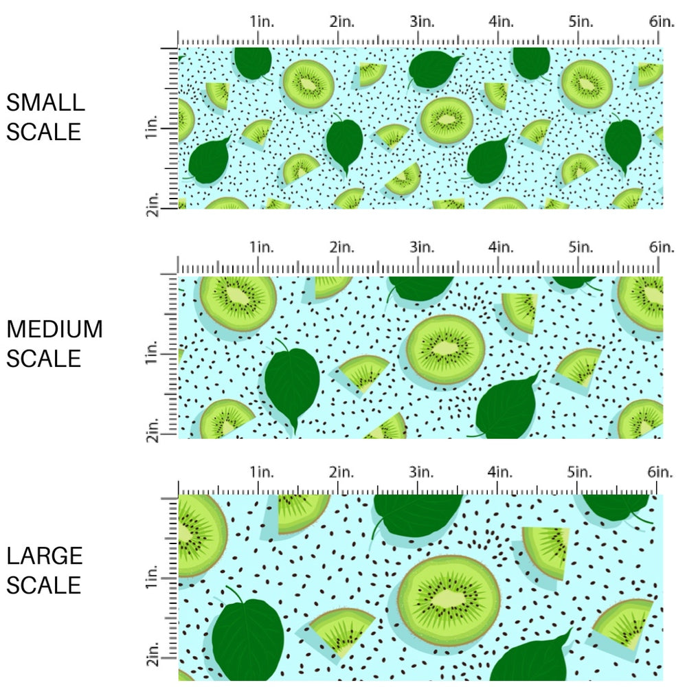 These fruit fabric by the yard features sliced kiwi surrounded by seeds and leaves on blue. This fun pattern fabric can be used for all your sewing and crafting needs!