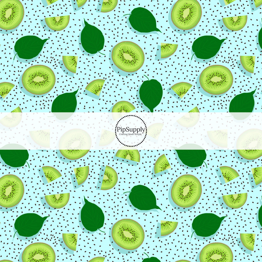 These fruit fabric by the yard features sliced kiwi surrounded by seeds and leaves on blue. This fun pattern fabric can be used for all your sewing and crafting needs!