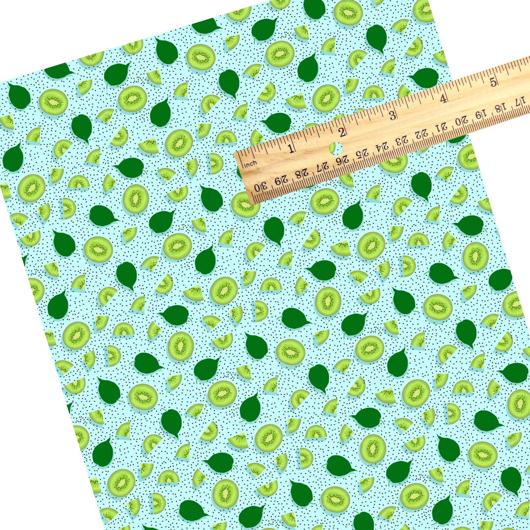 These fruit themed faux leather sheets contain the following design elements: sliced kiwi surrounded by seeds and leaves on blue. Our CPSIA compliant faux leather sheets or rolls can be used for all types of crafting projects.