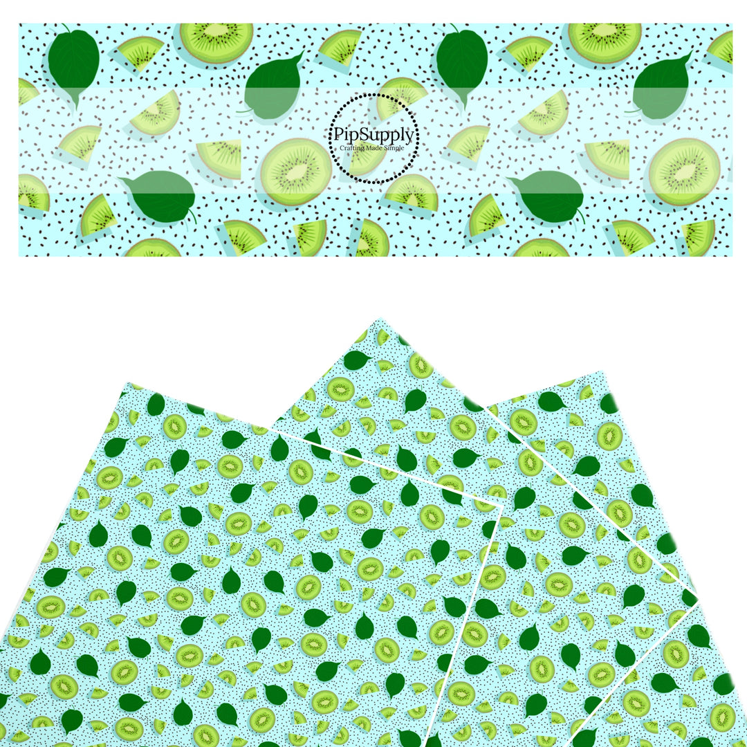 These fruit themed faux leather sheets contain the following design elements: sliced kiwi surrounded by seeds and leaves on blue. Our CPSIA compliant faux leather sheets or rolls can be used for all types of crafting projects.