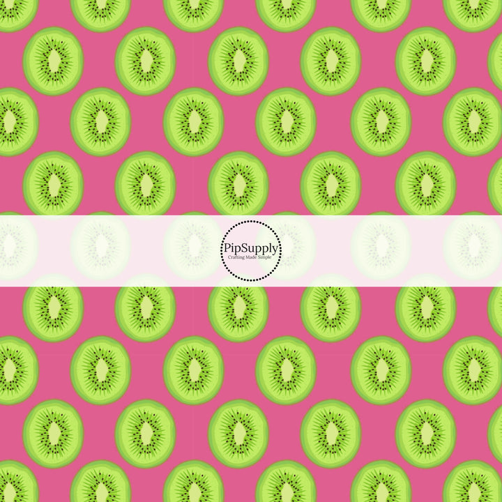 These fruit fabric by the yard features sliced kiwi on pink. This fun pattern fabric can be used for all your sewing and crafting needs!