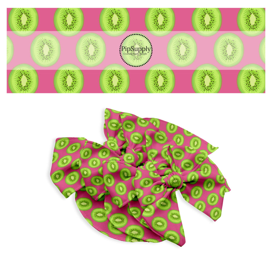 These fruit themed no sew bow strips can be easily tied and attached to a clip for a finished hair bow. These bow strips are great for personal use or to sell. These bow strips feature the following design elements: sliced kiwi on pink.