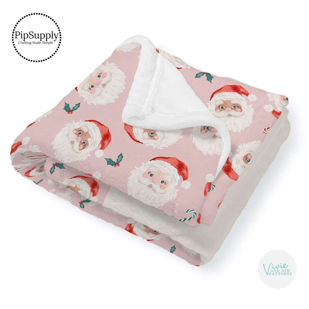 This Santa designer pattern is printed onto the front side of our soft touch minky blankets. The backside will not be printed and left the natural cream/white color of the blanket. This print pattern features Santa on pink.