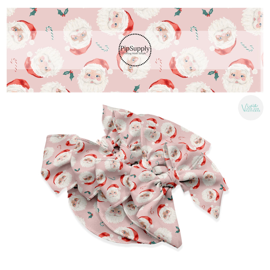 These Christmas Santa themed no sew bow strips can be easily tied and attached to a clip for a finished hair bow. These fun patterned bow strips are great for personal use or to sell. These bow strips feature the following design elements: Santa on pink.