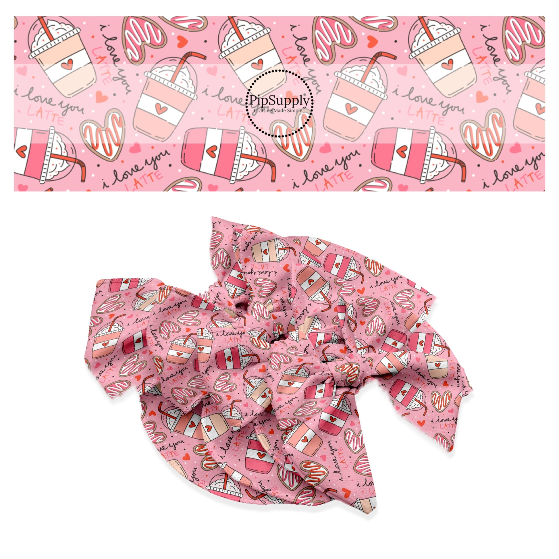 These Valentine's pattern no sew bow strips can be easily tied and attached to a clip for a finished hair bow. These Valentine's Day bow strips are great for personal use or to sell. The bow strips feature pink heart shaped cakes and lattes surrounded by tiny hearts on light pink.