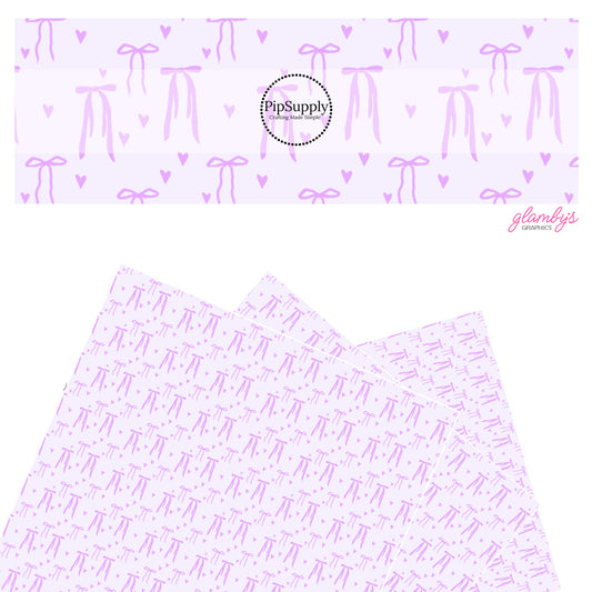 These Valentine's pattern themed faux leather sheets contain the following design elements: purple hearts and bows on light purple. Our CPSIA compliant faux leather sheets or rolls can be used for all types of crafting projects.