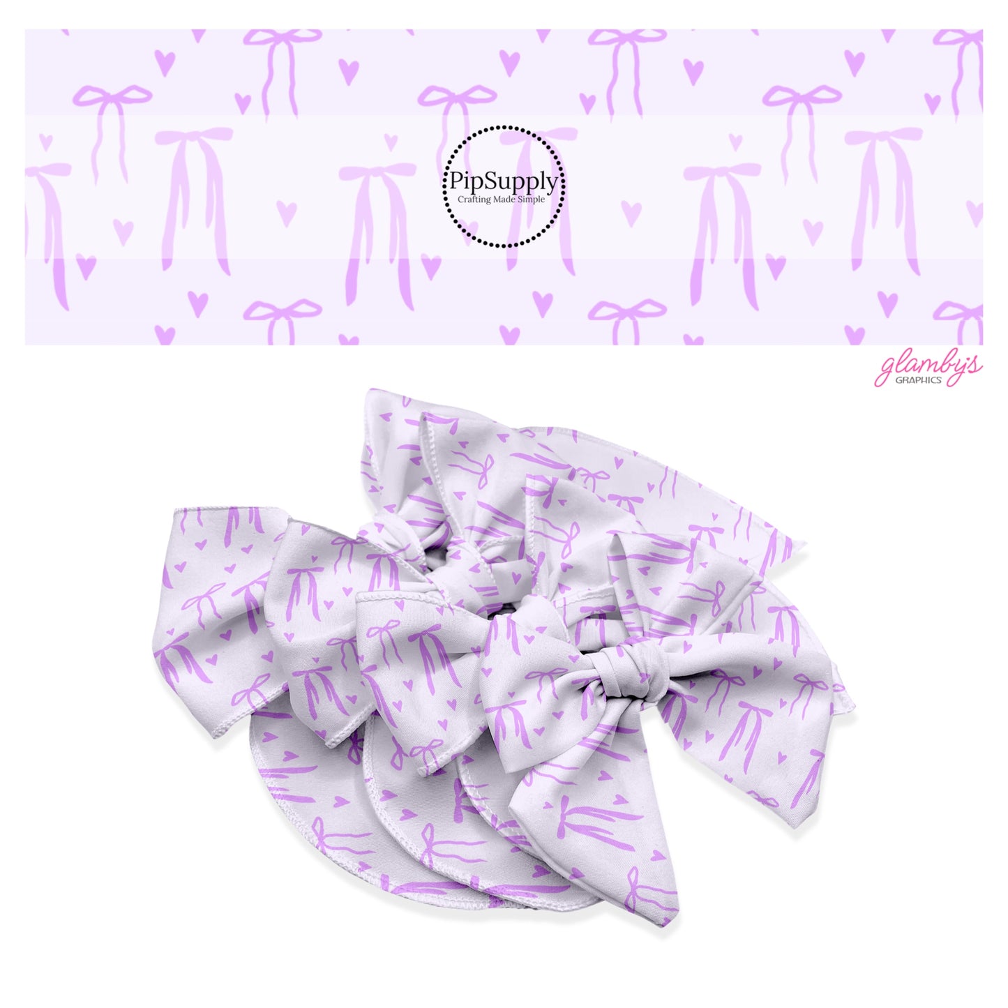 These Valentine's pattern no sew bow strips can be easily tied and attached to a clip for a finished hair bow. These Valentine's Day bow strips are great for personal use or to sell. The bow strips feature purple hearts and bows on light purple.
