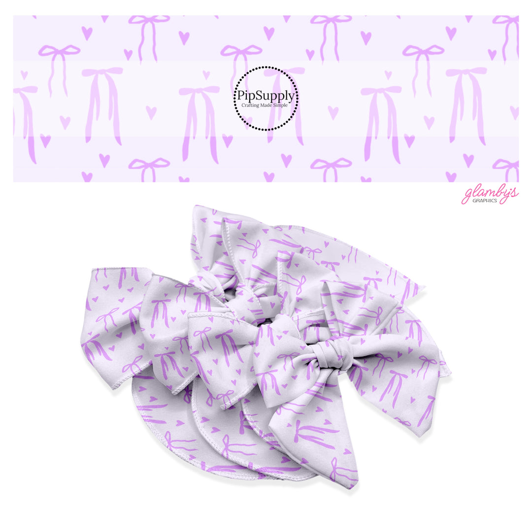 These Valentine's pattern no sew bow strips can be easily tied and attached to a clip for a finished hair bow. These Valentine's Day bow strips are great for personal use or to sell. The bow strips feature purple hearts and bows on light purple.