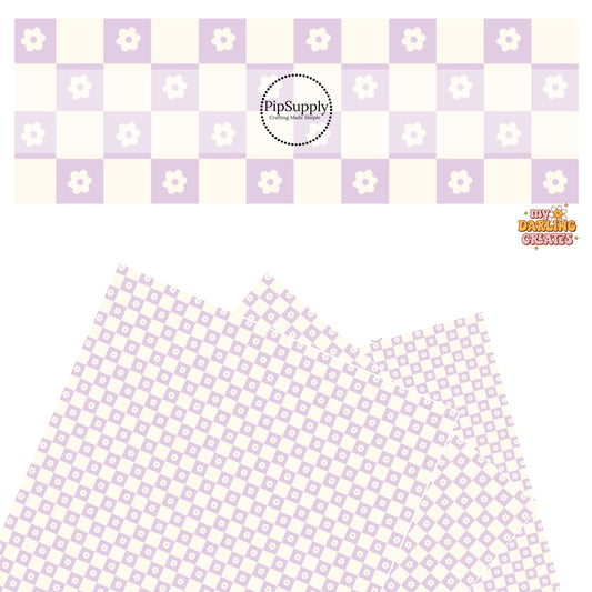 These spring pattern themed faux leather sheets contain the following design elements: lavender and cream checkered pattern with small daisies. Our CPSIA compliant faux leather sheets or rolls can be used for all types of crafting projects.