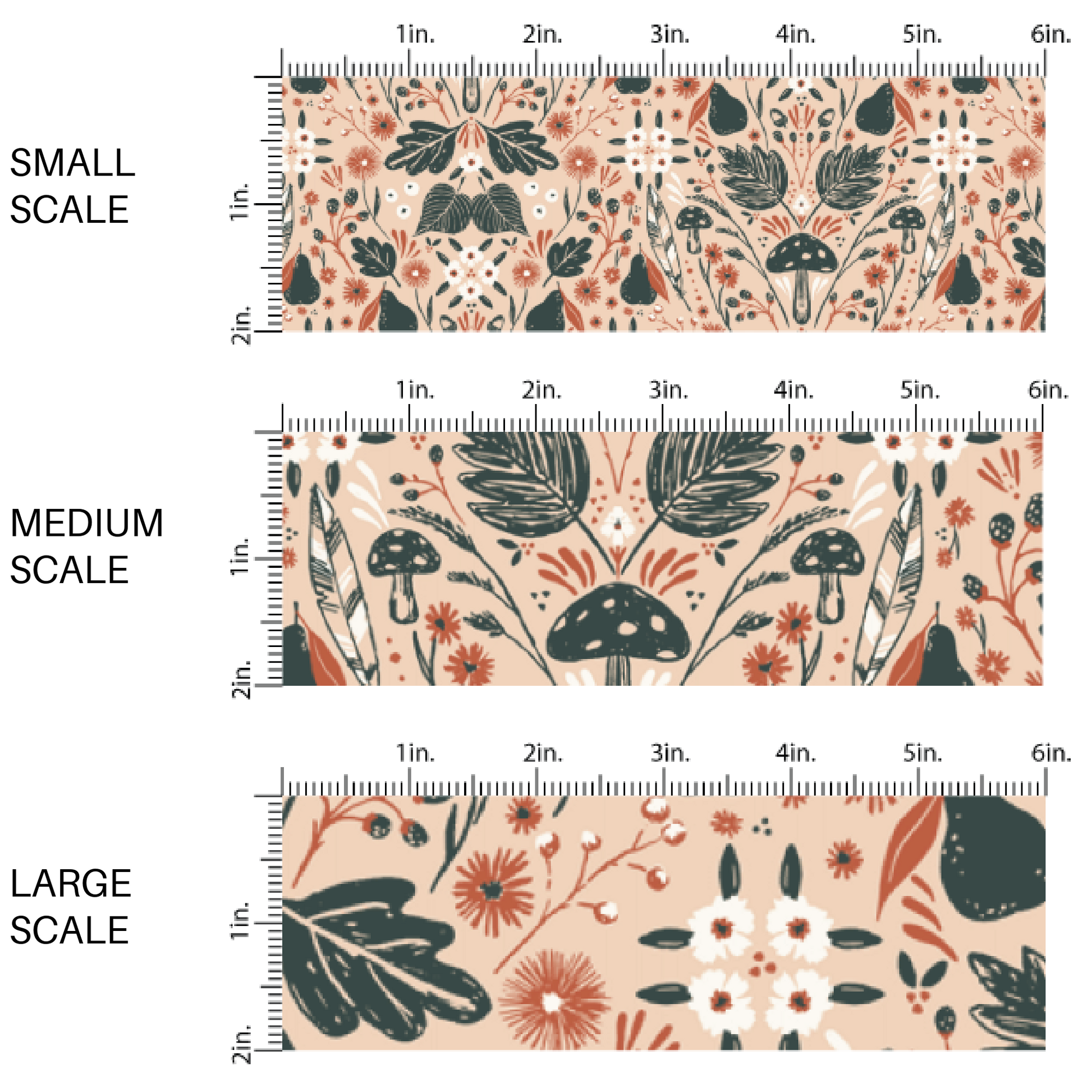 This scale chart of small scale, medium scale, and large scale of these fall plant themed fabric by the yard features large dark green plants with rust colored flowers and pears along with tiny white flowers on tan. This fun woodland themed fabric can be used for all your sewing and crafting needs! 